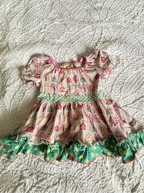 Matilda Jane Pink School/Village Print Dress with Teal and Yellow Accents